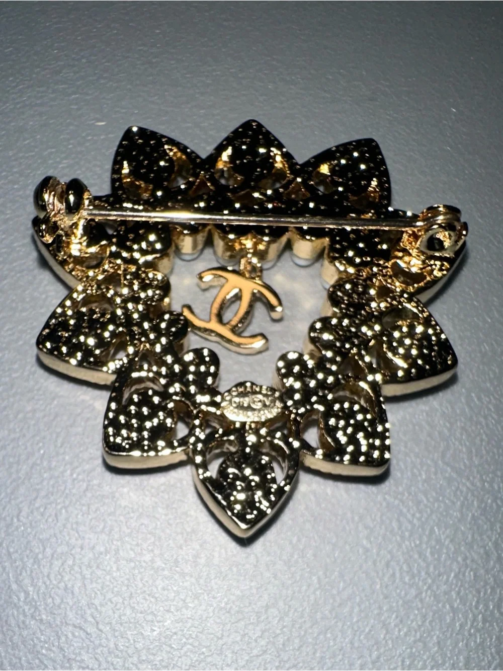 CHANEL CC Logo Color Stone Brooch Champagne Gold Plated